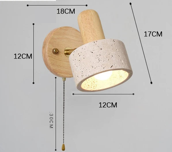 Travertine Stone Wood Wall Sconce Japanese Wabi Sabi LED Bedside Reading Lamp Pull Cord for Bedroom Hotel Homestay Decor