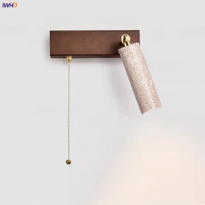 IWHD Iron Rotate LED Wall Lights Yellow Cave Stone Bedroom Dining Room Porch Pull Chain Switch Nordic Modern Wood Bedside Lamp