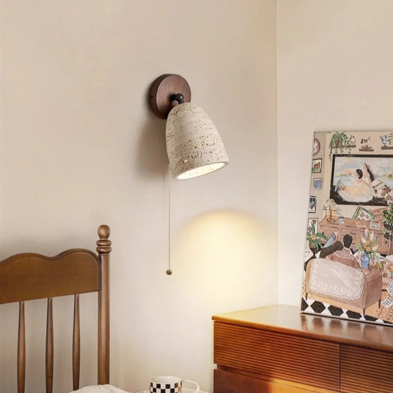 IWHD Pull Chain Switch LED Wall Lamps For Bedroom Reading Home Lighting Yellow Travertine Living Room Lights Applique Murale