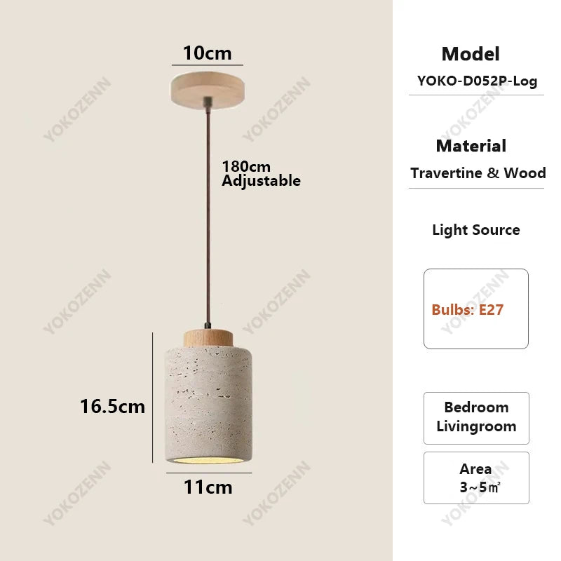 YOKO Wabi-Sabi Yellow Travertine Pendant Light, Japanese Cave Stone for Kitchen Island Restaurant Bedroom Bedside Home Decor