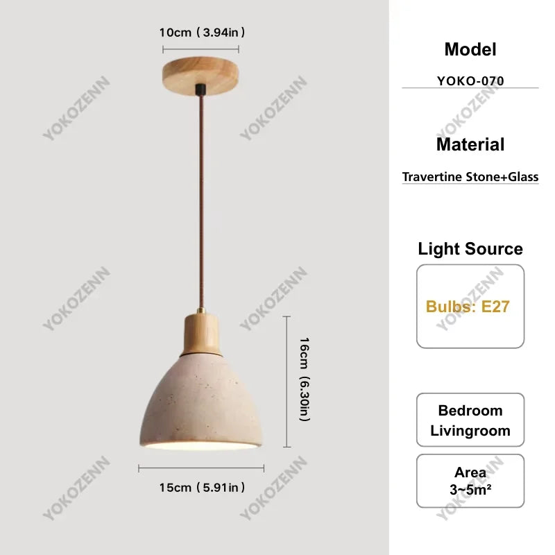 YOKO Wabi-Sabi Yellow Travertine Pendant Light, Japanese Cave Stone for Kitchen Island Restaurant Bedroom Bedside Home Decor