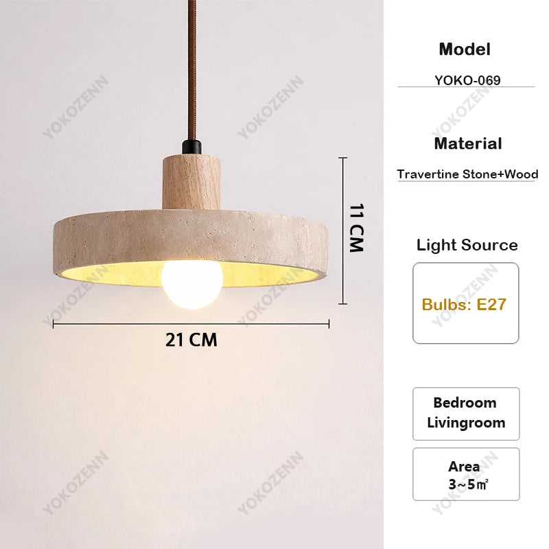 YOKO Wabi-Sabi Yellow Travertine Pendant Light, Japanese Cave Stone for Kitchen Island Restaurant Bedroom Bedside Home Decor