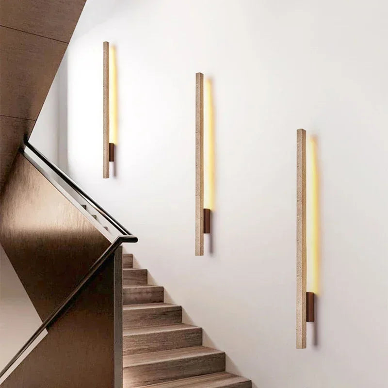 Long Strip Travertine LED Wall Sconce Wabi‑Sabi Natural Stone Wall Lamp Bedroom Living Room Corridor Decor Wall Light