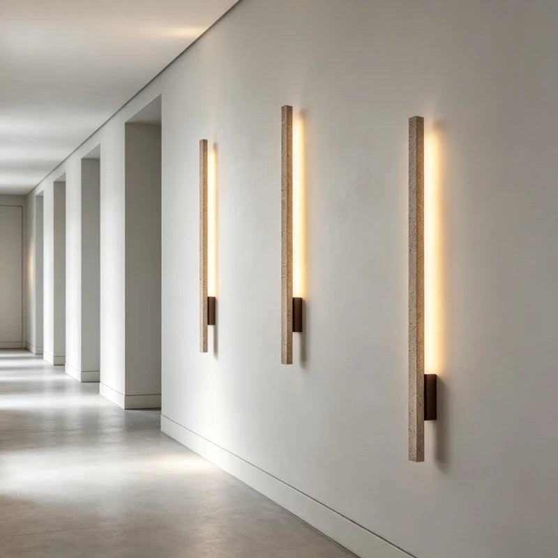 Long Strip Travertine LED Wall Sconce Wabi‑Sabi Natural Stone Wall Lamp Bedroom Living Room Corridor Decor Wall Light