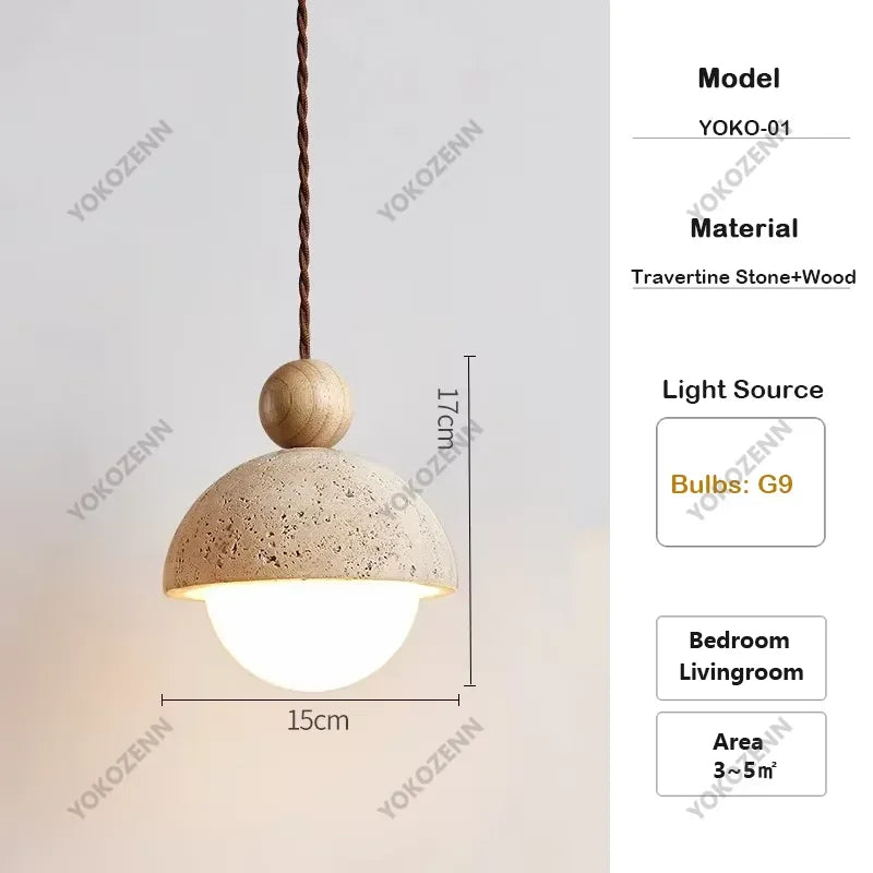 YOKO Wabi-Sabi Yellow Travertine Pendant Light, Japanese Cave Stone for Kitchen Island Restaurant Bedroom Bedside Home Decor