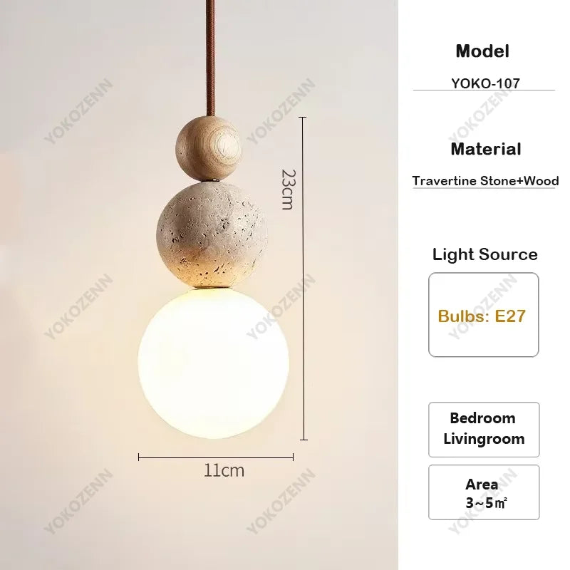 YOKO Wabi-Sabi Yellow Travertine Pendant Light, Japanese Cave Stone for Kitchen Island Restaurant Bedroom Bedside Home Decor