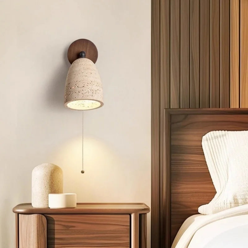 IWHD Pull Chain Switch LED Wall Lamps For Bedroom Reading Home Lighting Yellow Travertine Living Room Lights Applique Murale