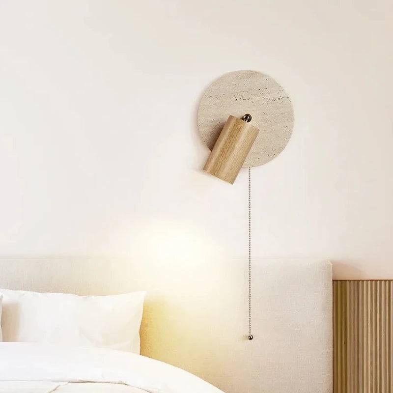 Modern Natural Stone Wood Wall Lamp With Switch Sconce Lamp For Bedroom Reading Bedside Hotel Room Round E27 Bulb