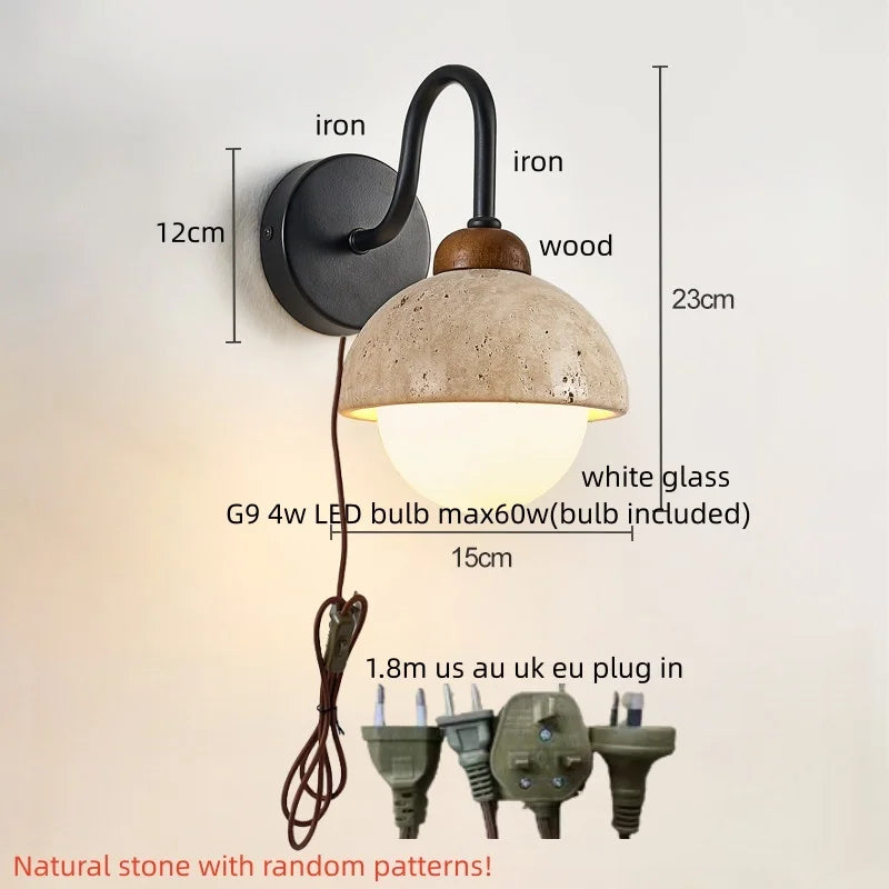Kaia™ — Travertine, Glass & Wood Wall Sconce