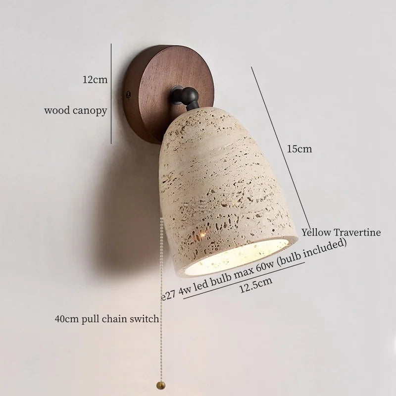 IWHD Pull Chain Switch LED Wall Lamps For Bedroom Reading Home Lighting Yellow Travertine Living Room Lights Applique Murale