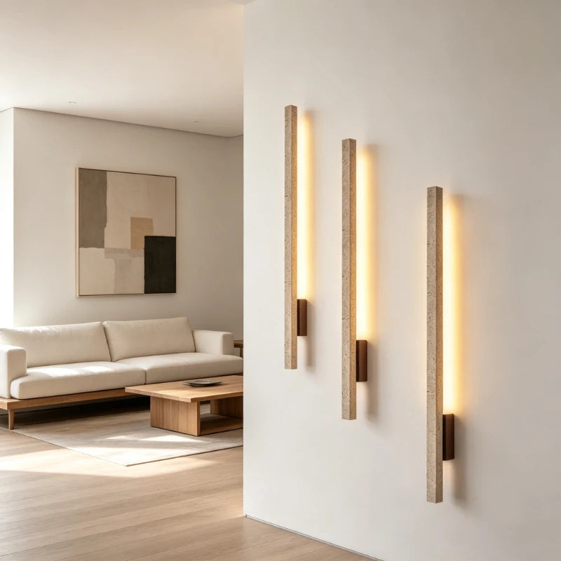 Long Strip Travertine LED Wall Sconce Wabi‑Sabi Natural Stone Wall Lamp Bedroom Living Room Corridor Decor Wall Light
