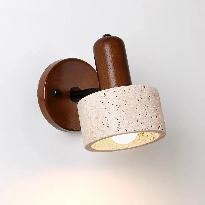 Travertine Stone Wood Wall Sconce Japanese Wabi Sabi LED Bedside Reading Lamp Pull Cord for Bedroom Hotel Homestay Decor