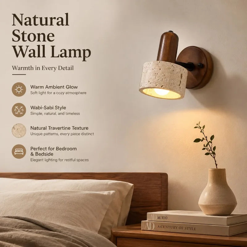 Travertine Stone Wood Wall Sconce Japanese Wabi Sabi LED Bedside Reading Lamp Pull Cord for Bedroom Hotel Homestay Decor