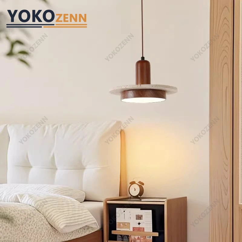 YOKO Wabi-Sabi Yellow Travertine Pendant Light, Japanese Cave Stone for Kitchen Island Restaurant Bedroom Bedside Home Decor
