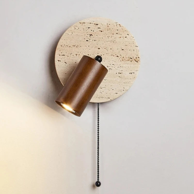Modern Natural Stone Wood Wall Lamp With Switch Sconce Lamp For Bedroom Reading Bedside Hotel Room Round E27 Bulb