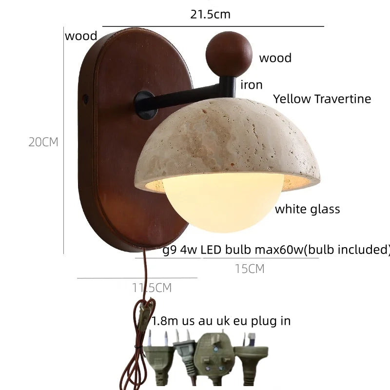 Kaia™ — Travertine, Glass & Wood Wall Sconce
