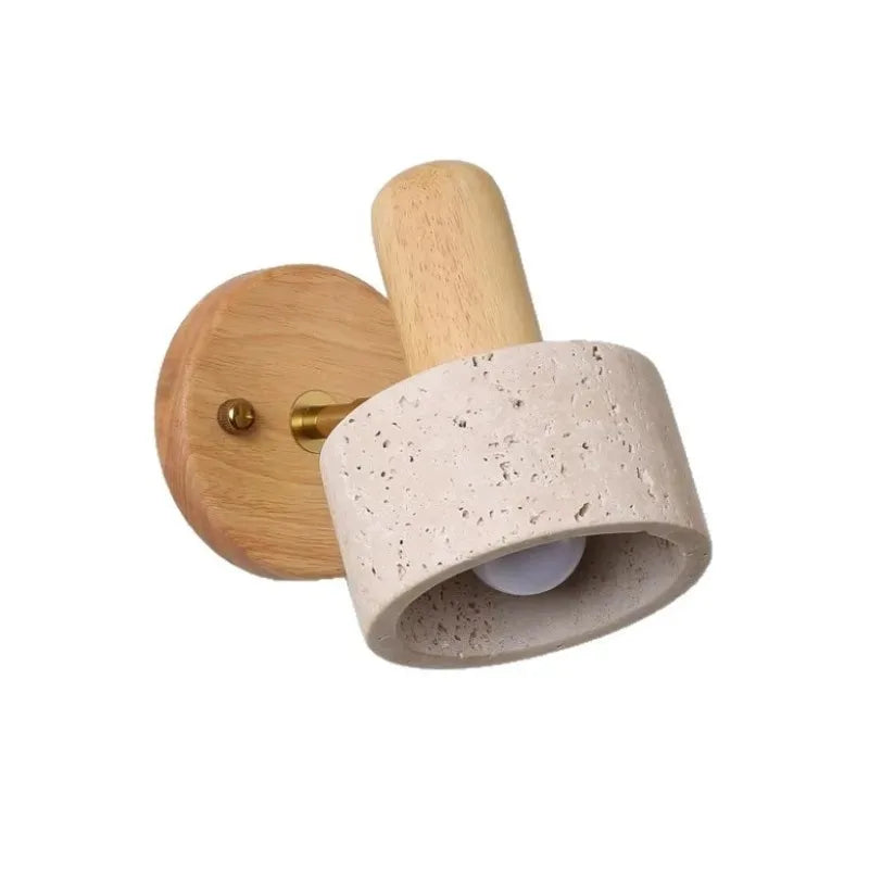 Travertine Stone Wood Wall Sconce Japanese Wabi Sabi LED Bedside Reading Lamp Pull Cord for Bedroom Hotel Homestay Decor