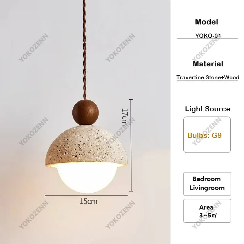 YOKO Wabi-Sabi Yellow Travertine Pendant Light, Japanese Cave Stone for Kitchen Island Restaurant Bedroom Bedside Home Decor