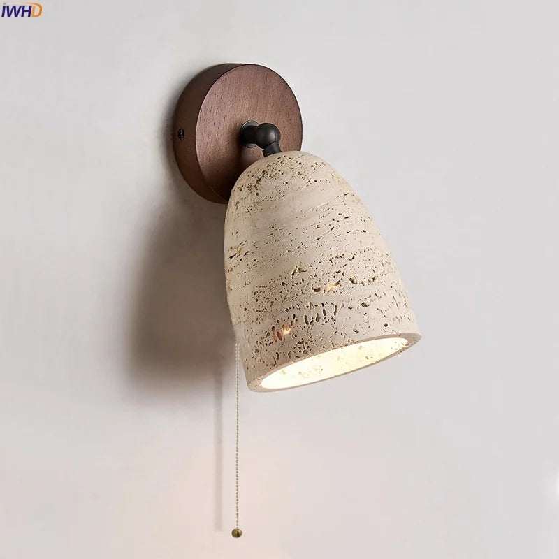 IWHD Pull Chain Switch LED Wall Lamps For Bedroom Reading Home Lighting Yellow Travertine Living Room Lights Applique Murale