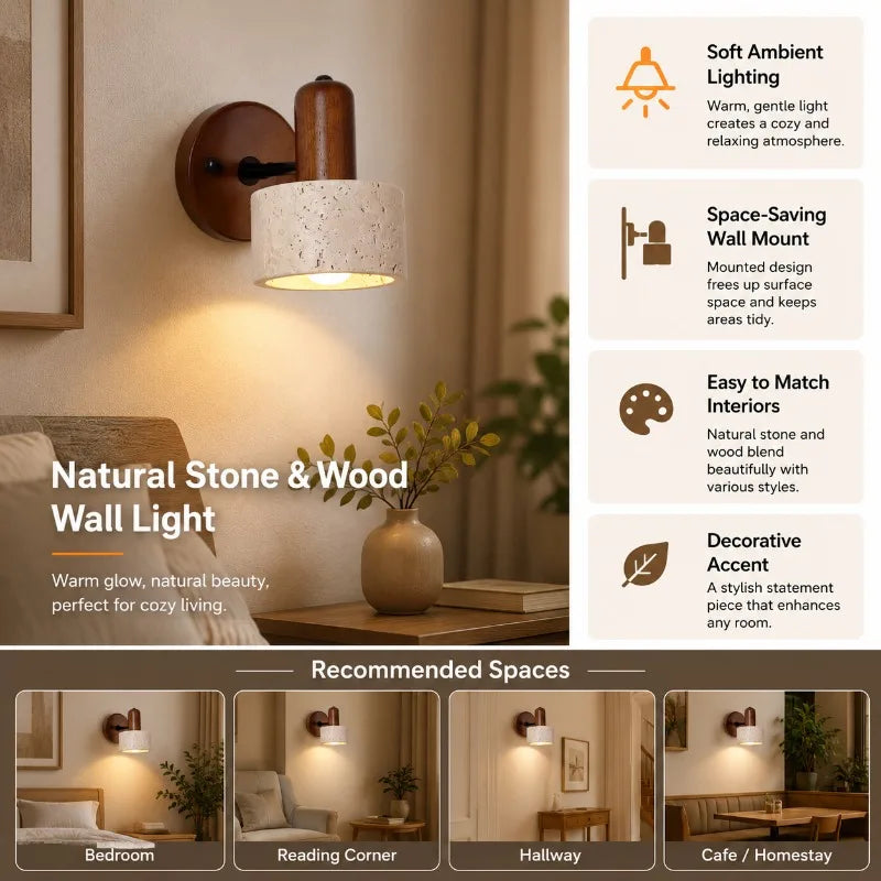 Travertine Stone Wood Wall Sconce Japanese Wabi Sabi LED Bedside Reading Lamp Pull Cord for Bedroom Hotel Homestay Decor