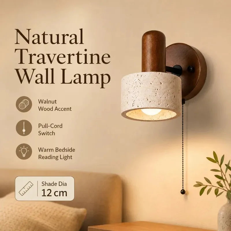 Travertine Stone Wood Wall Sconce Japanese Wabi Sabi LED Bedside Reading Lamp Pull Cord for Bedroom Hotel Homestay Decor