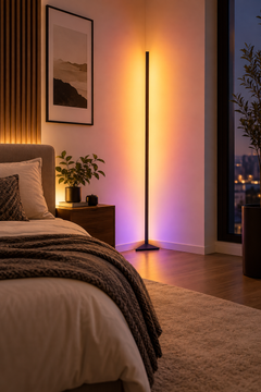 HaloRise Smart Corner Floor Lamp in a modern bedroom