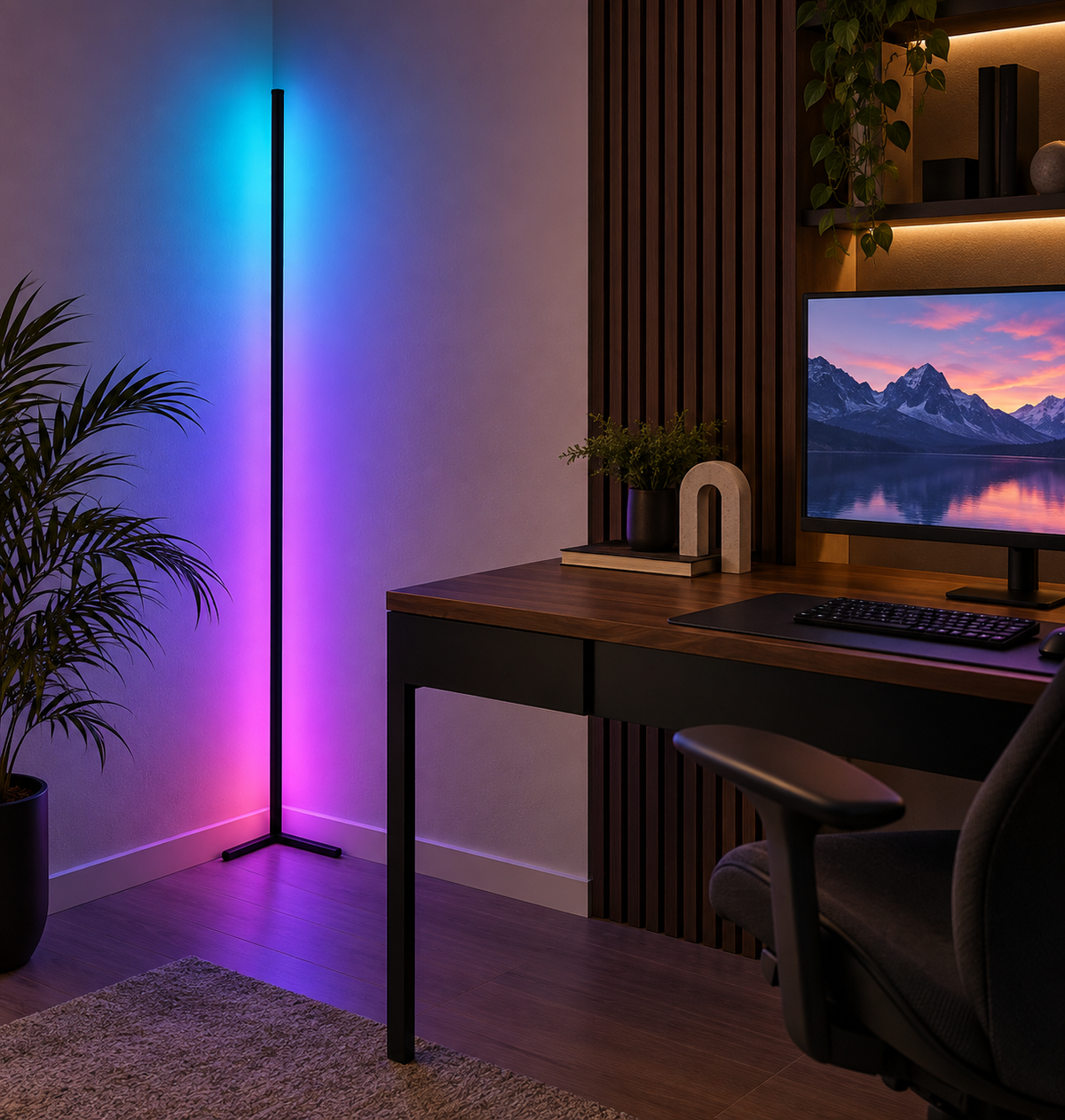 HaloRise Smart Corner Floor Lamp in a modern workspace