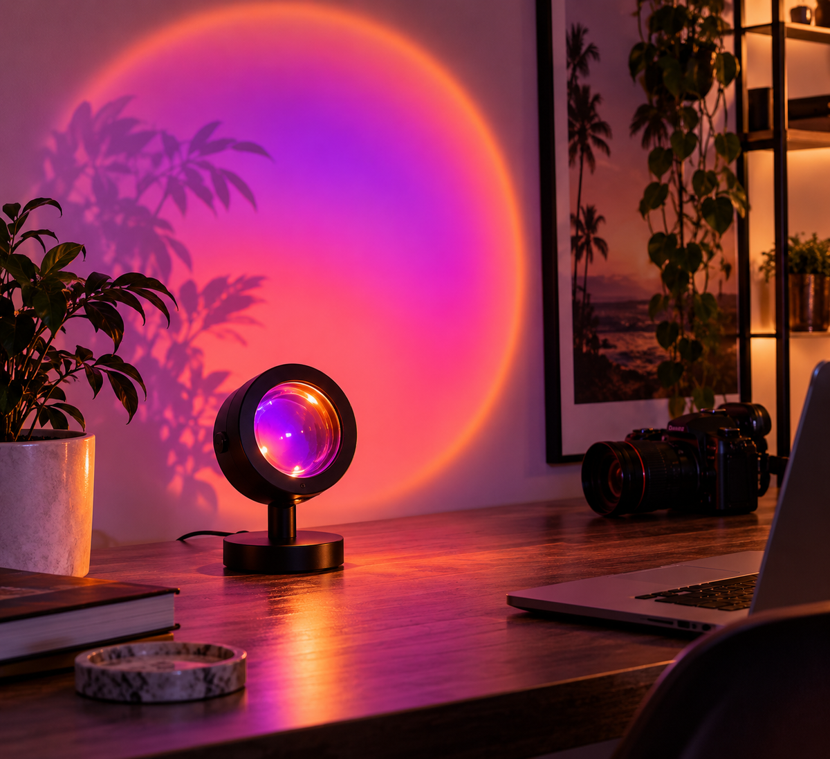 SunsetHalo 16-Color Projection Lamp in a creative workspace